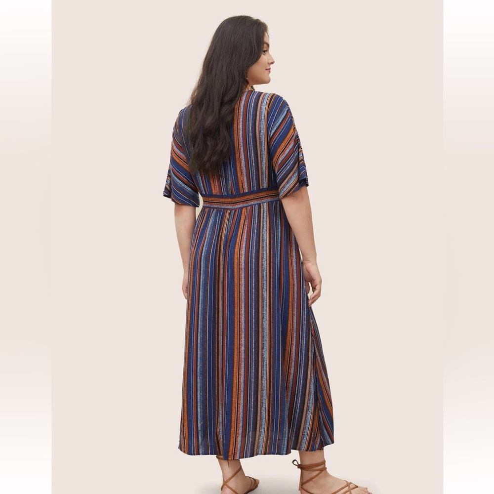 BloomChic Striped Contrast Dolman Sleeve Shirred Pocket Split Flutter Dress - Picture 2 of 7